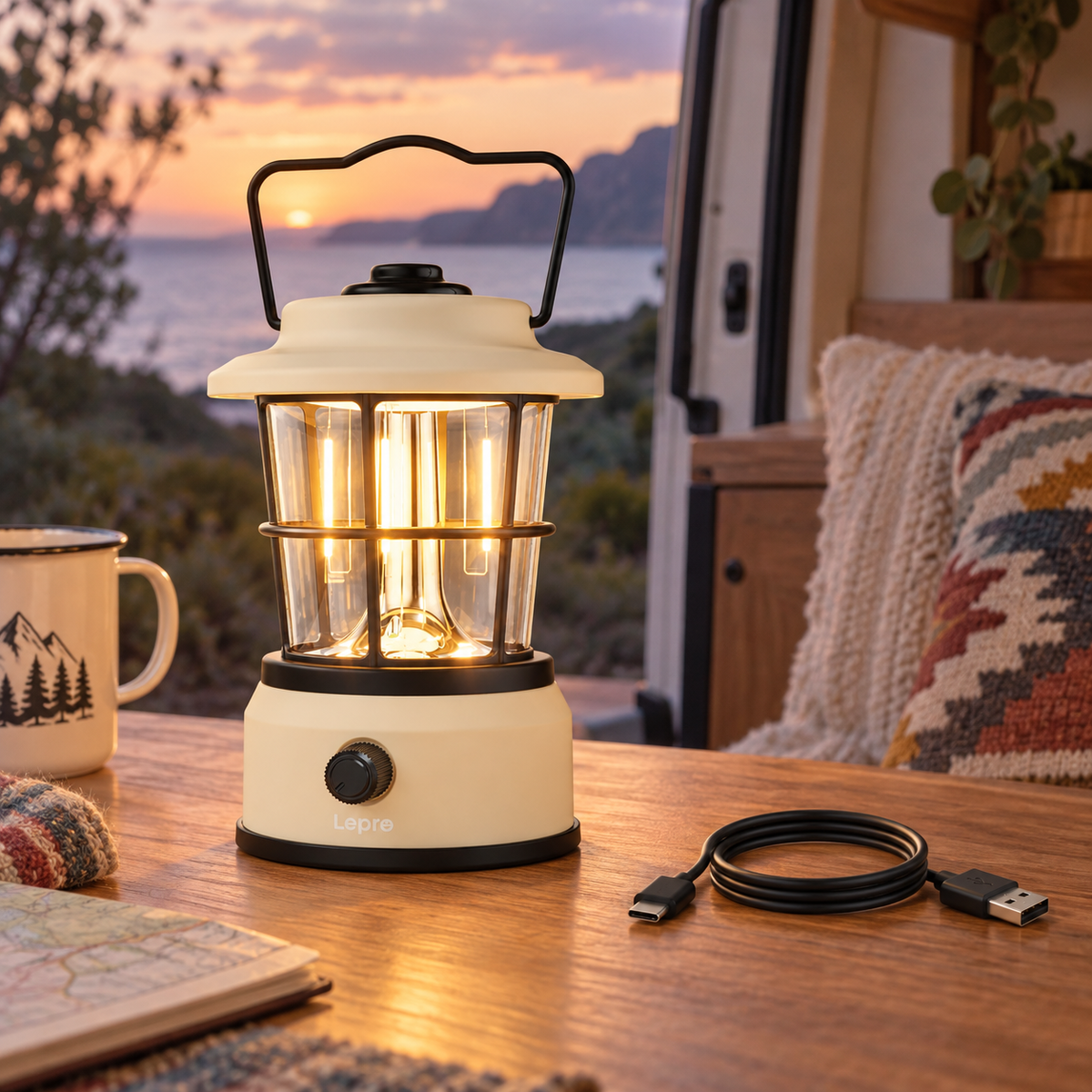 3600mAh Rechargeable Retro Lantern in a van-life setting
