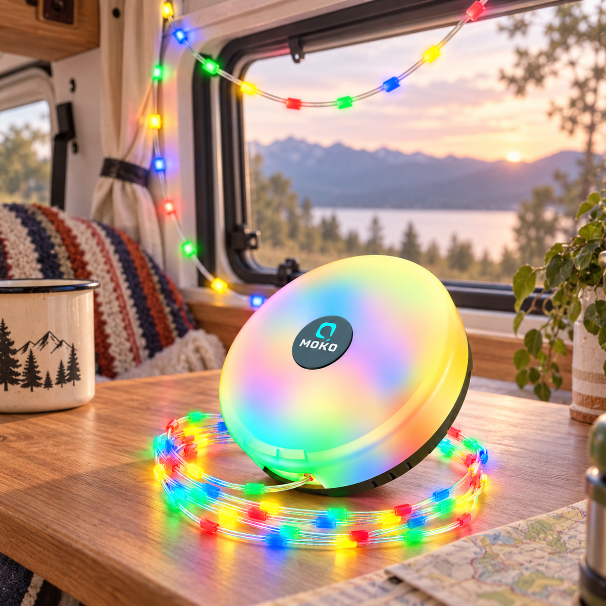 10m Retractable Camping String Lights in a van-life setting