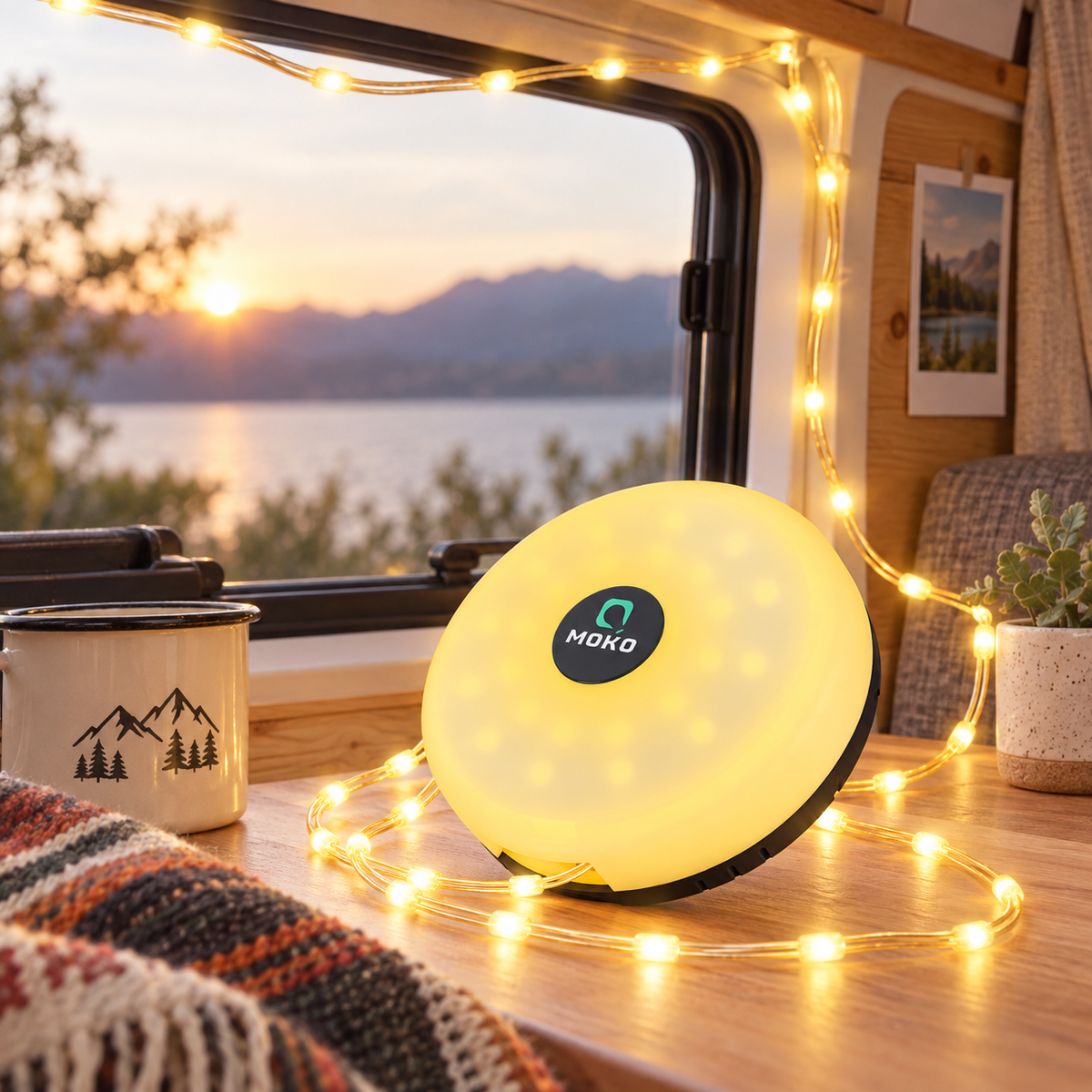 White Retractable Camping String Lights in a van-life setting
