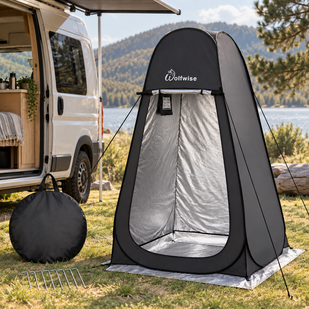 Wolfwise Pop-Up Privacy Tent in a van-life setting