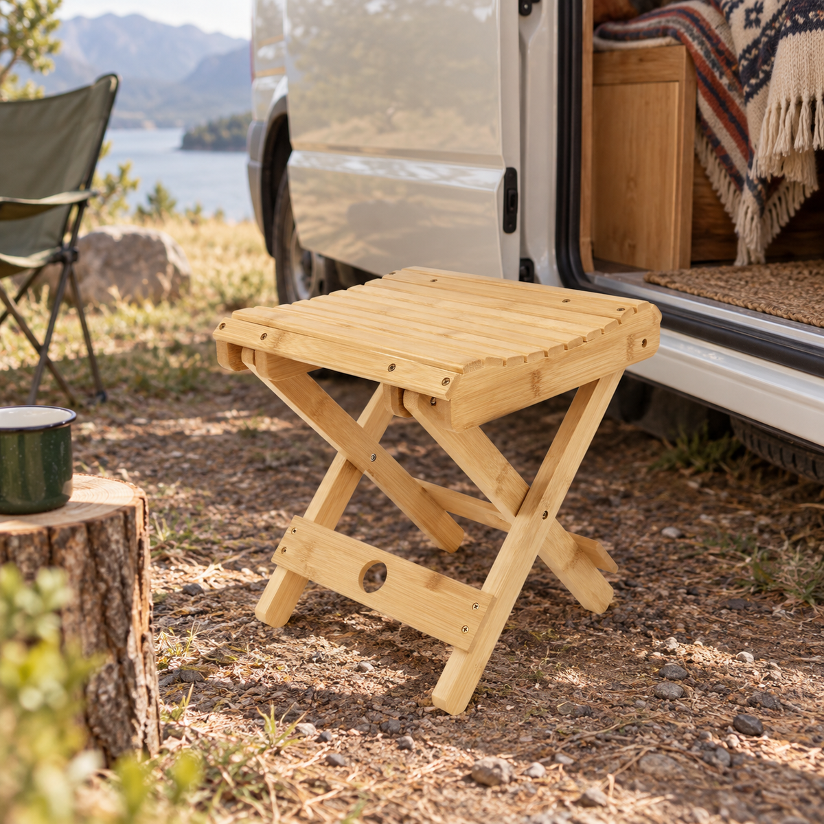 Folding Bamboo Camping Stool in a van-life setting