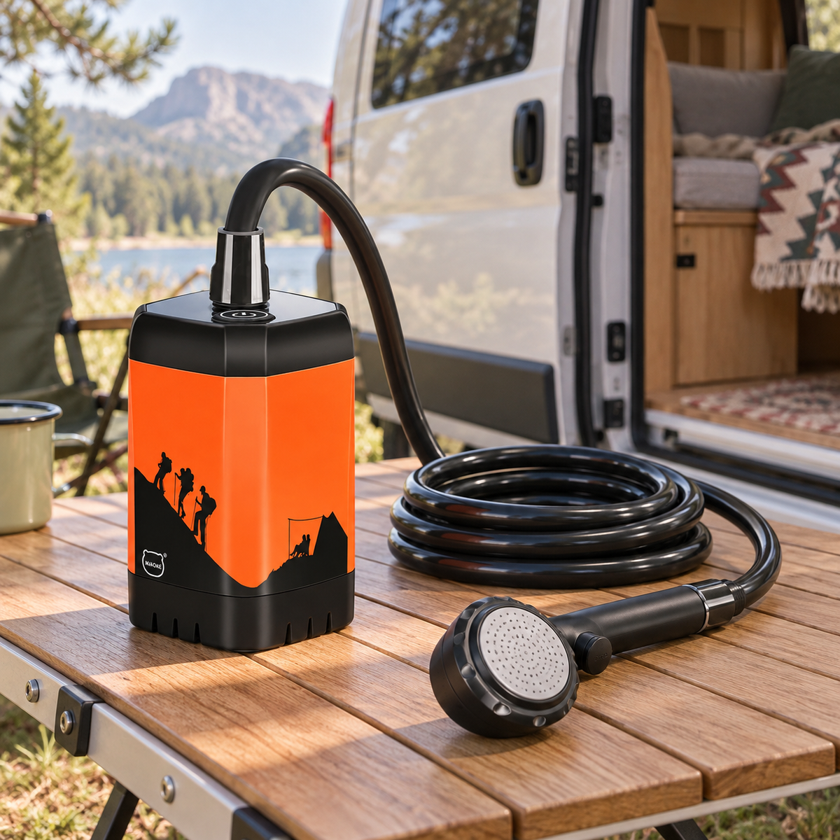 7800mAh Rechargeable Camping Shower in a van-life setting