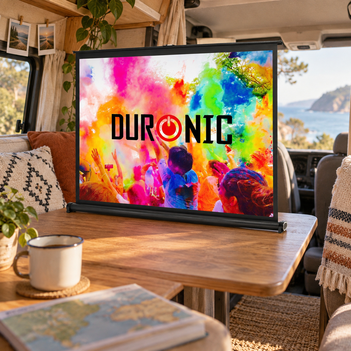 50-inch Desktop Projector Screen in a van-life setting
