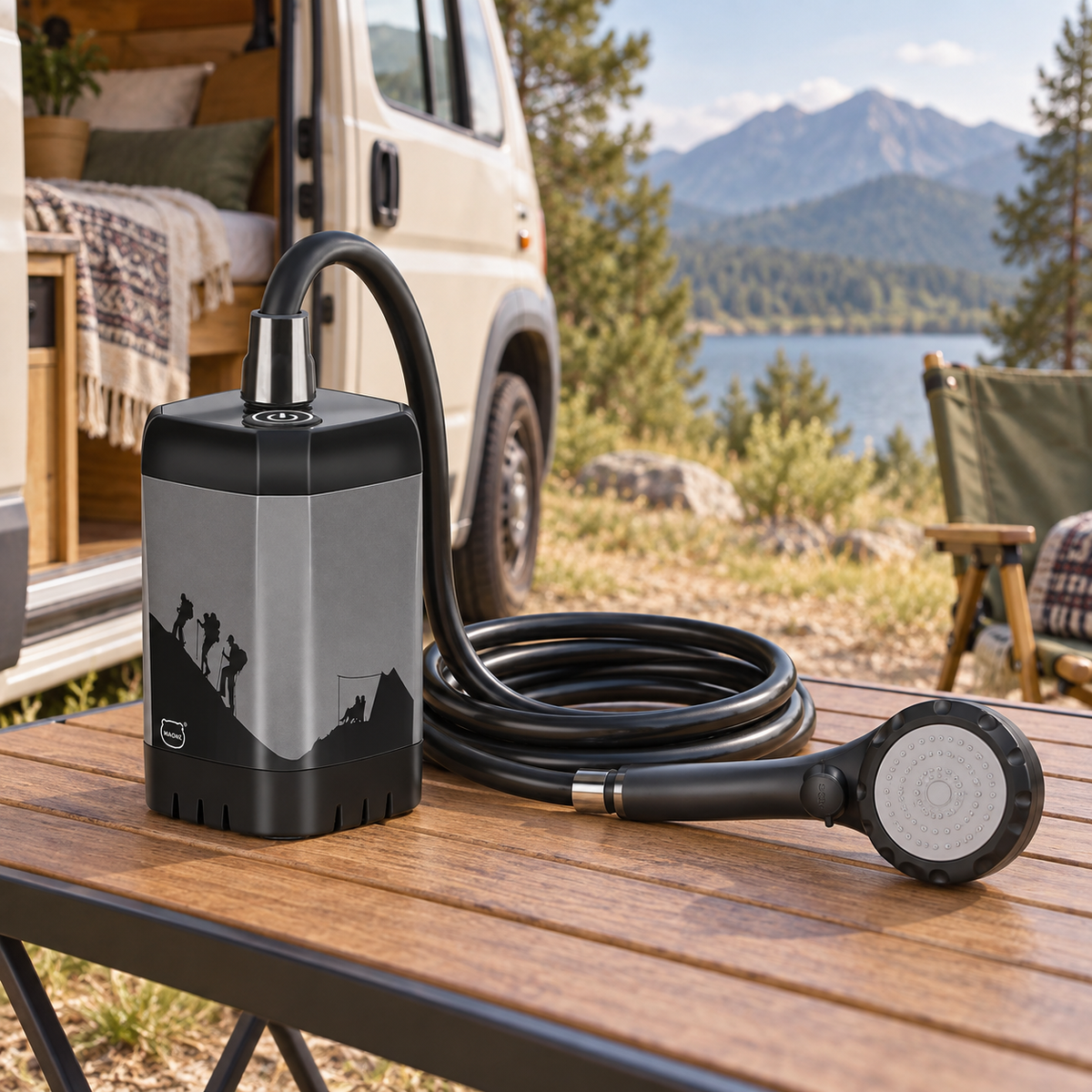 Grey Rechargeable Camping Shower in a van-life setting