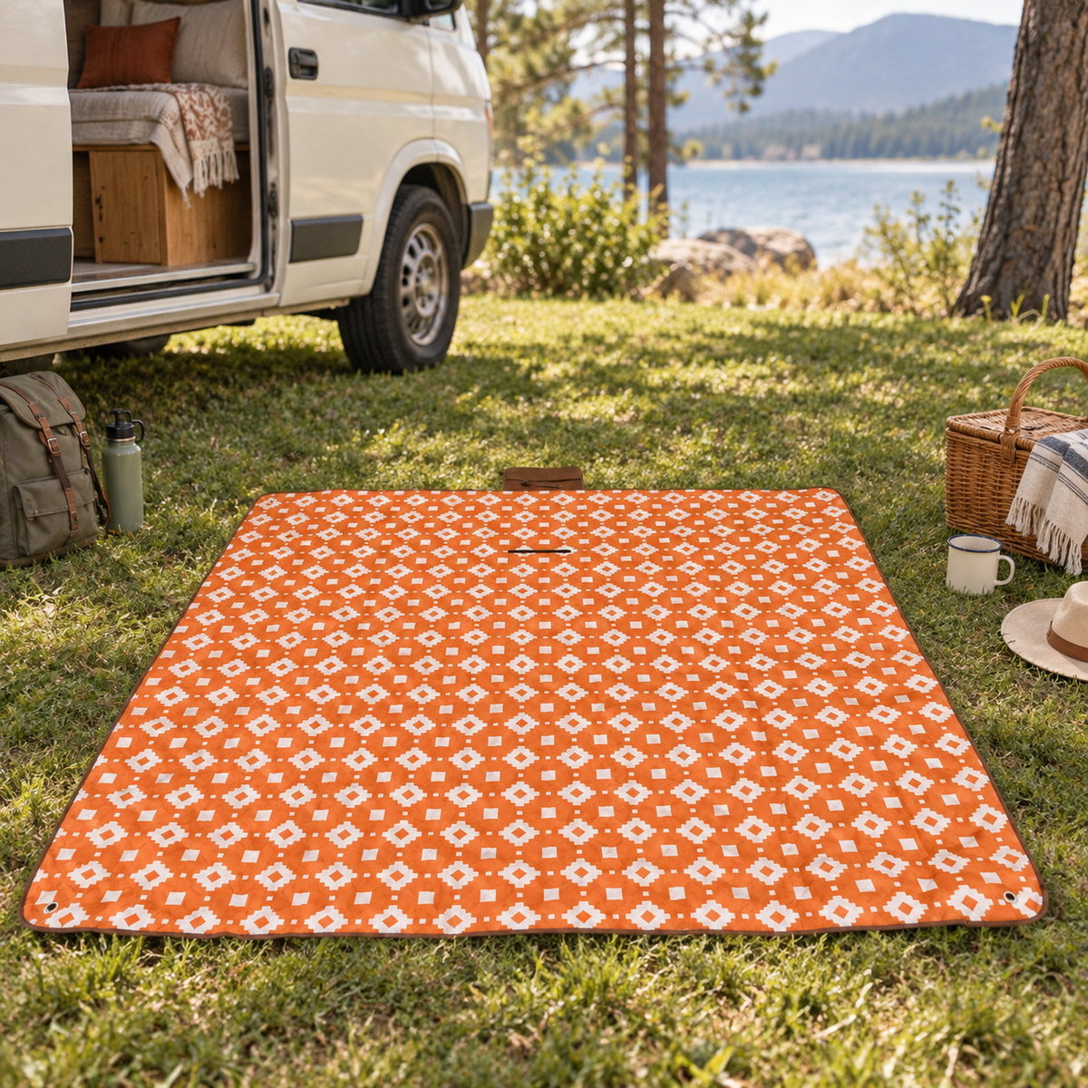 Coffee Waterproof Picnic Blanket in a van-life setting