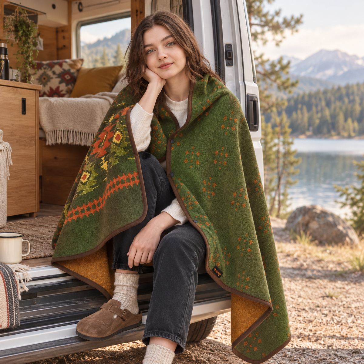 Myers Green Wearable Wool Blanket in a van-life setting
