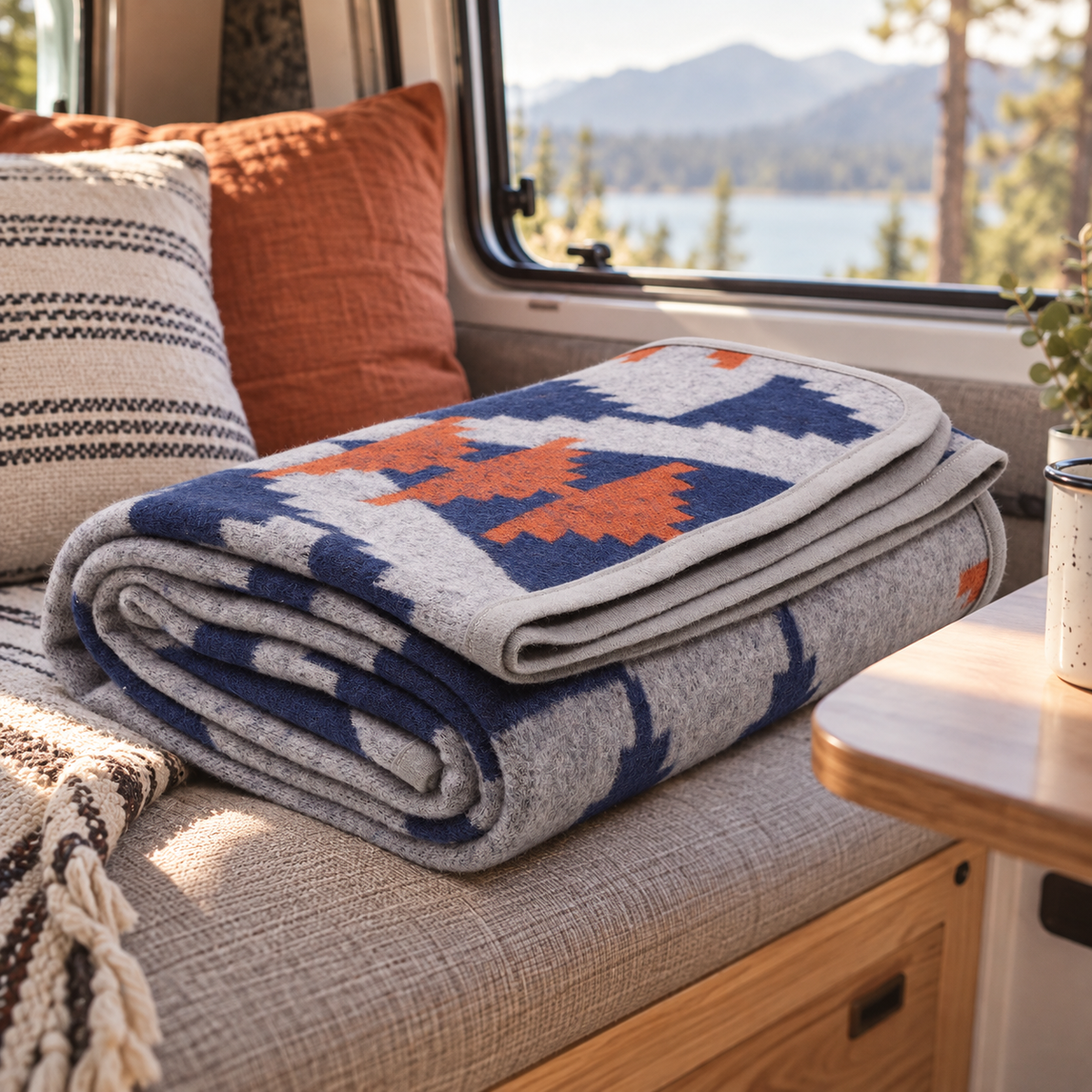 Grey Aztec Merino-Blend Blanket in a van-life setting