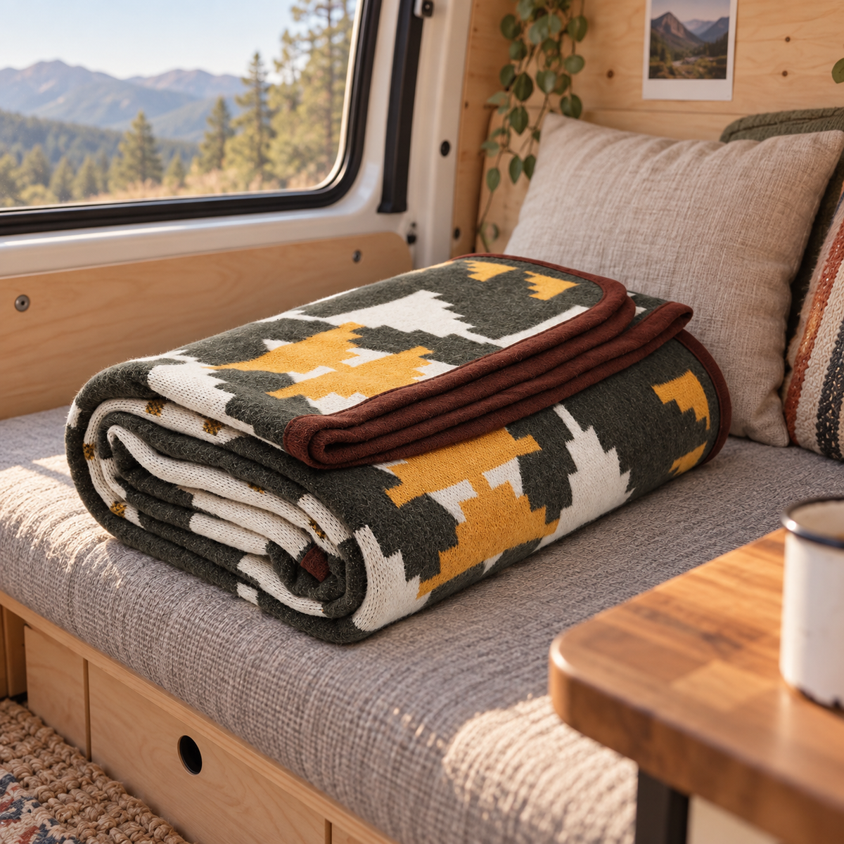 Green Aztec Merino-Blend Blanket in a van-life setting
