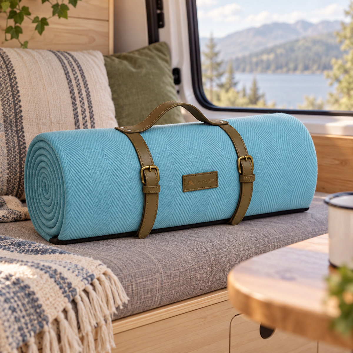 Blue Herringbone Waterproof Picnic Blanket in a van-life setting