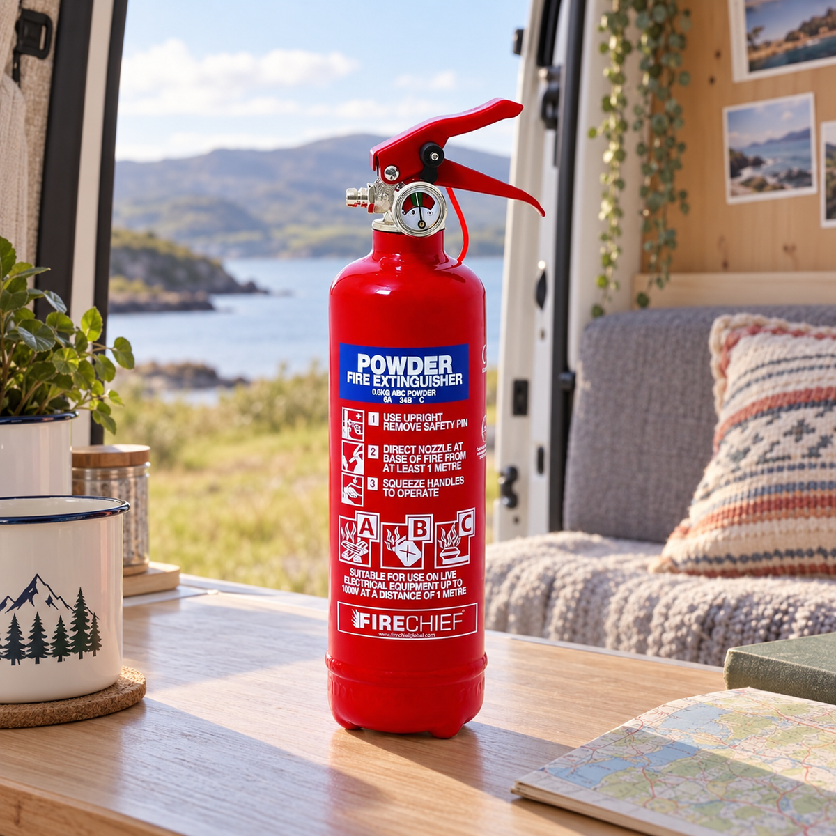 600g ABC Powder Fire Extinguisher in a van-life setting