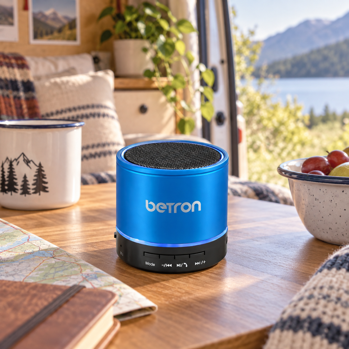 Betron KBS08 Blue Bluetooth Speaker in a van-life setting