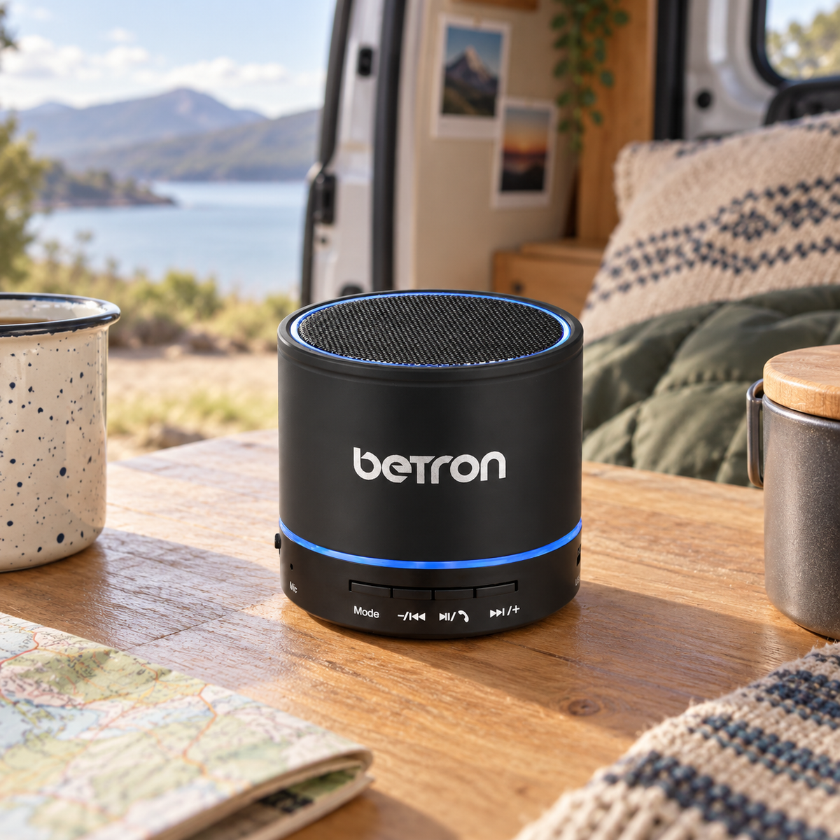 Betron KBS08 Titanium Bluetooth Speaker in a van-life setting