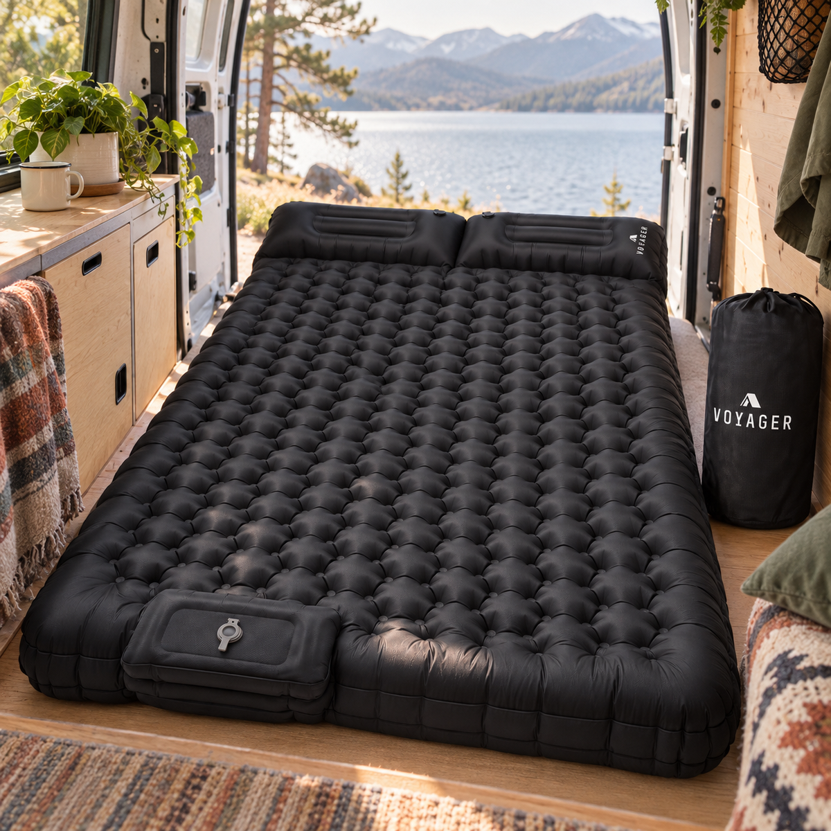 Voyager Double Camping Sleeping Pad in a van-life setting