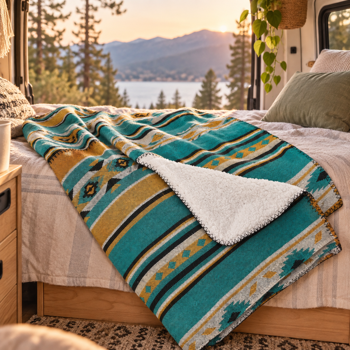Aztec Sherpa Blanket in a van-life setting