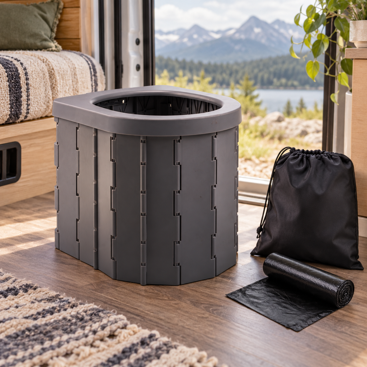 Open Folding Camping Toilet in a van-life setting