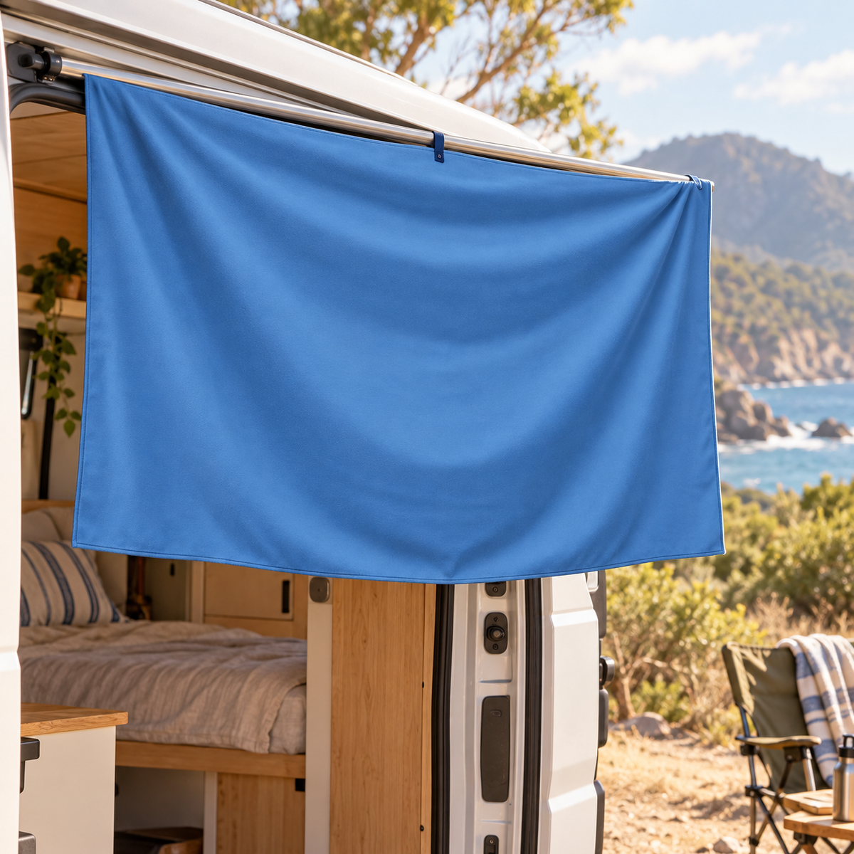 Blue XL Microfibre Travel Towel in a van-life setting