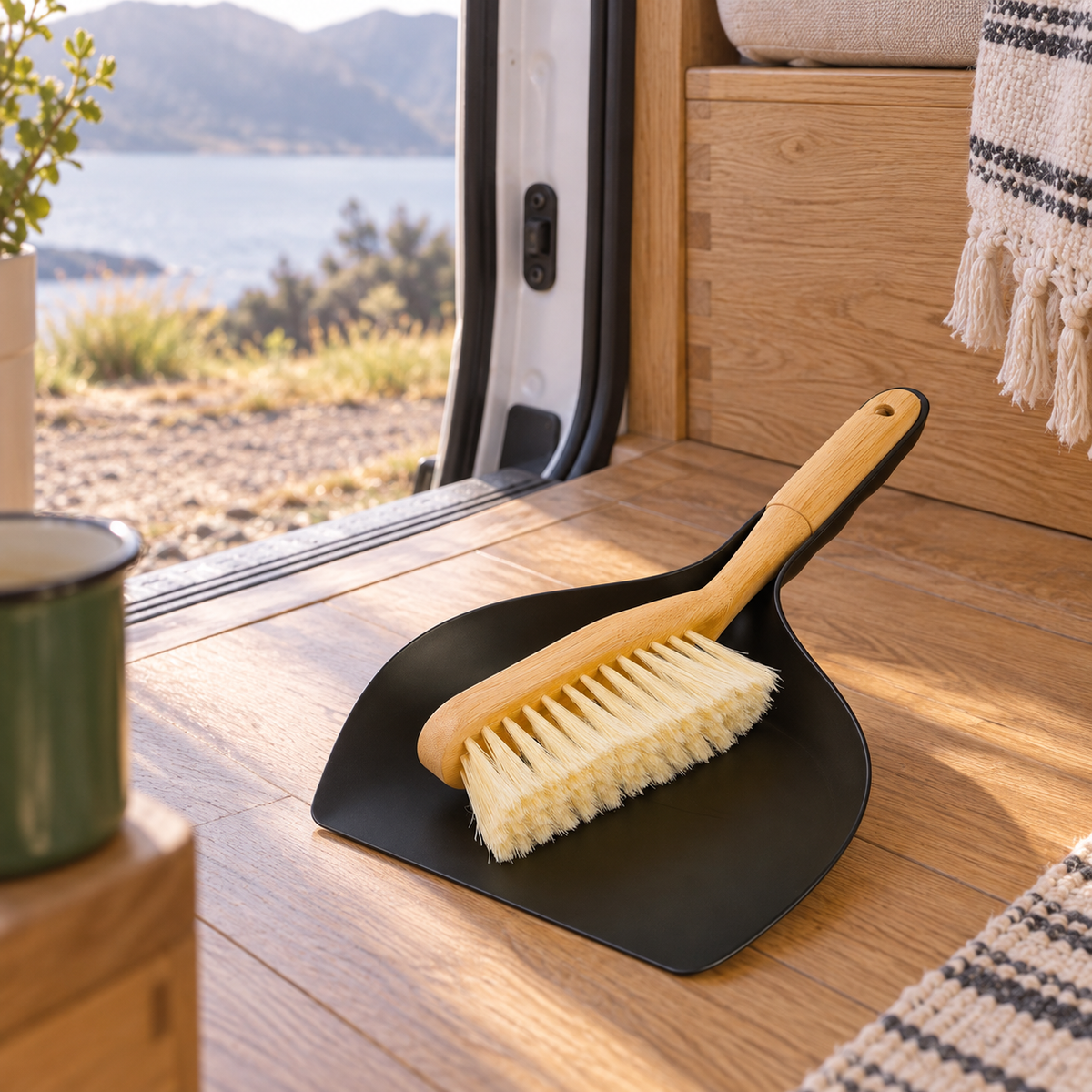 Bamboo Dustpan and Brush Set in a van-life setting