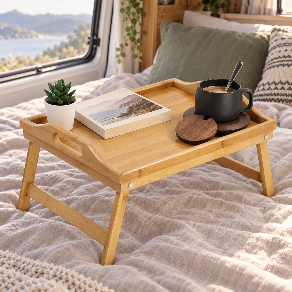 Folding Bamboo Breakfast Tray in a van-life setting