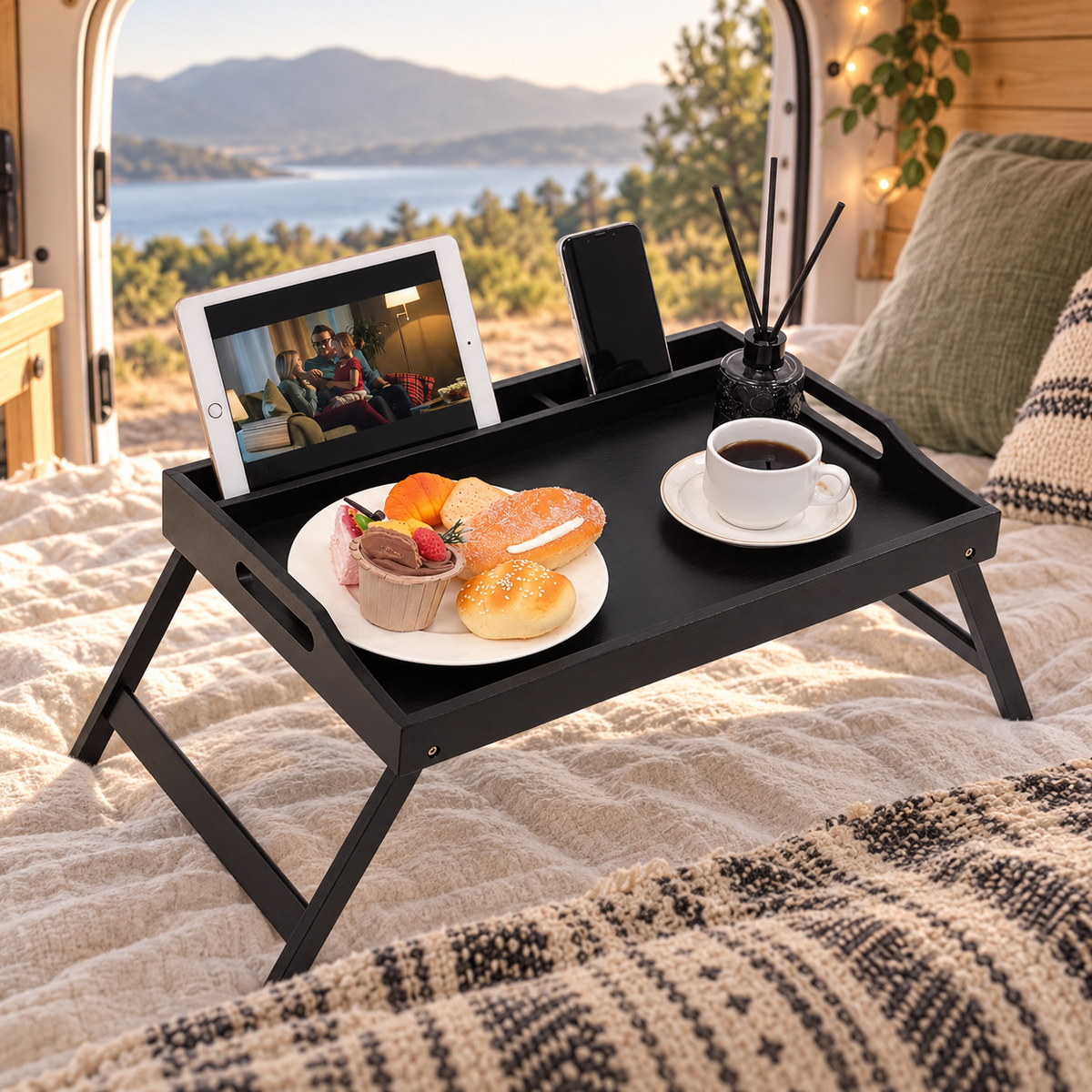 Bamboo Bed Tray in a van-life setting