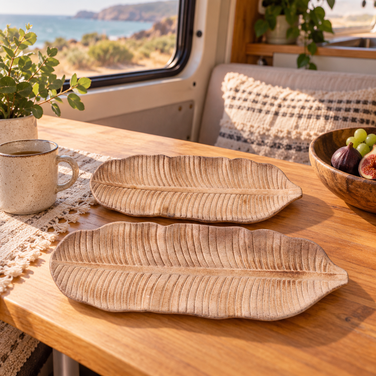 Wooden Serving Trays Set in a van-life setting