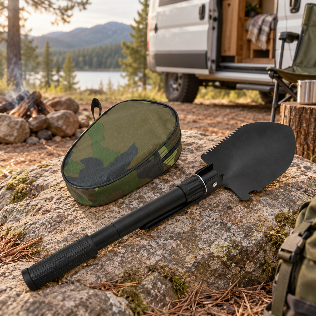 Multi Purpose Shovel in a van-life setting