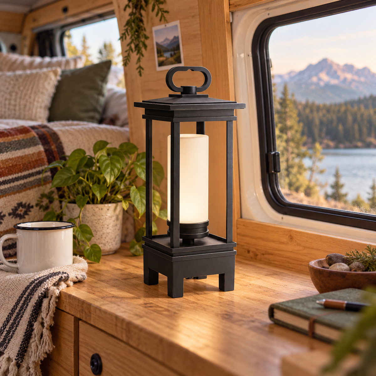 Bronze Speaker Lantern in a van-life setting