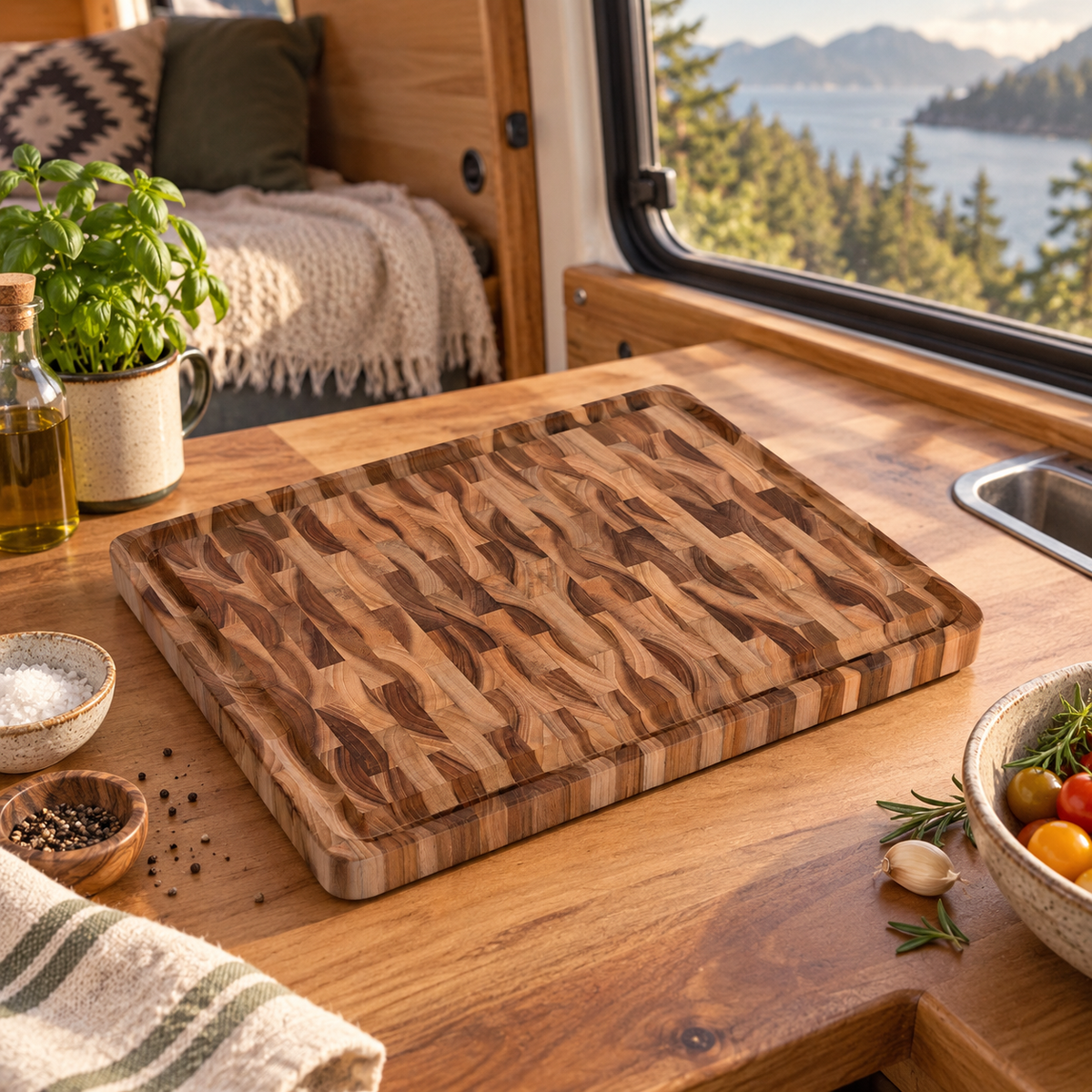 Teak End-Grain Board in a van-life setting