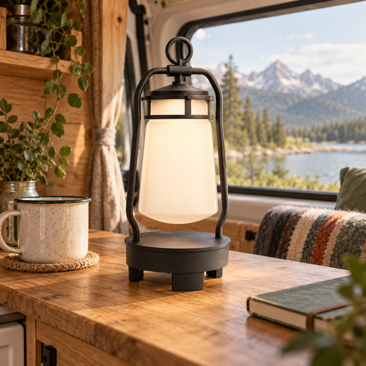 Black Speaker Lantern in a van-life setting