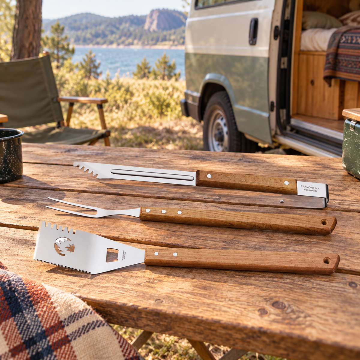 BBQ Tool Set in a van-life setting
