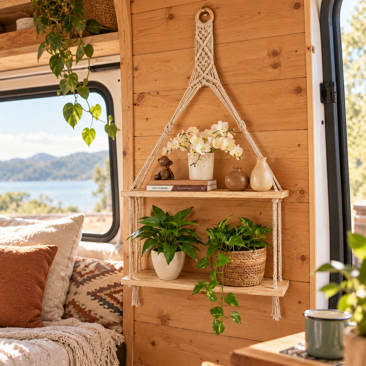 Boho Hanging Shelf in a van-life setting