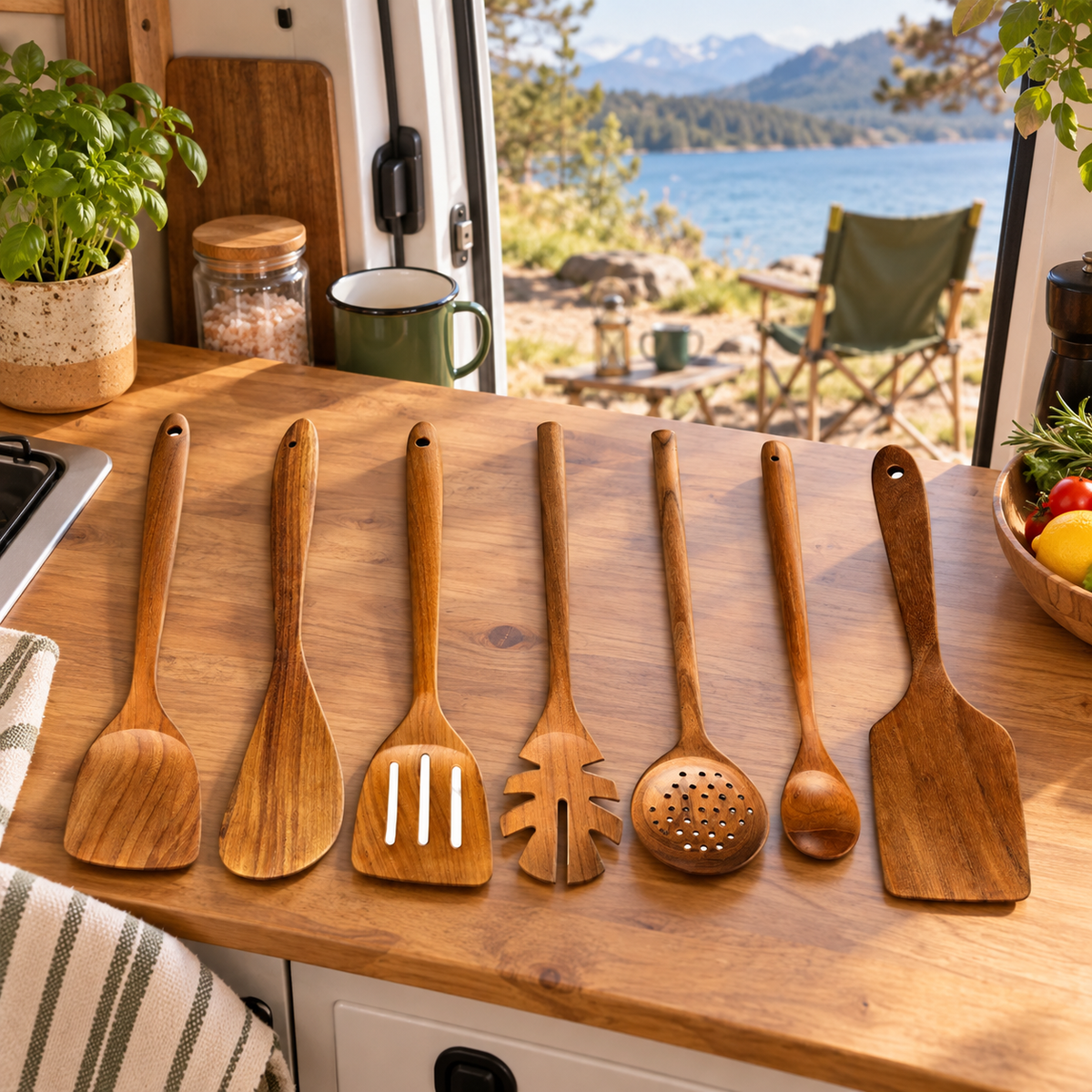 Teak Utensils in a van-life setting
