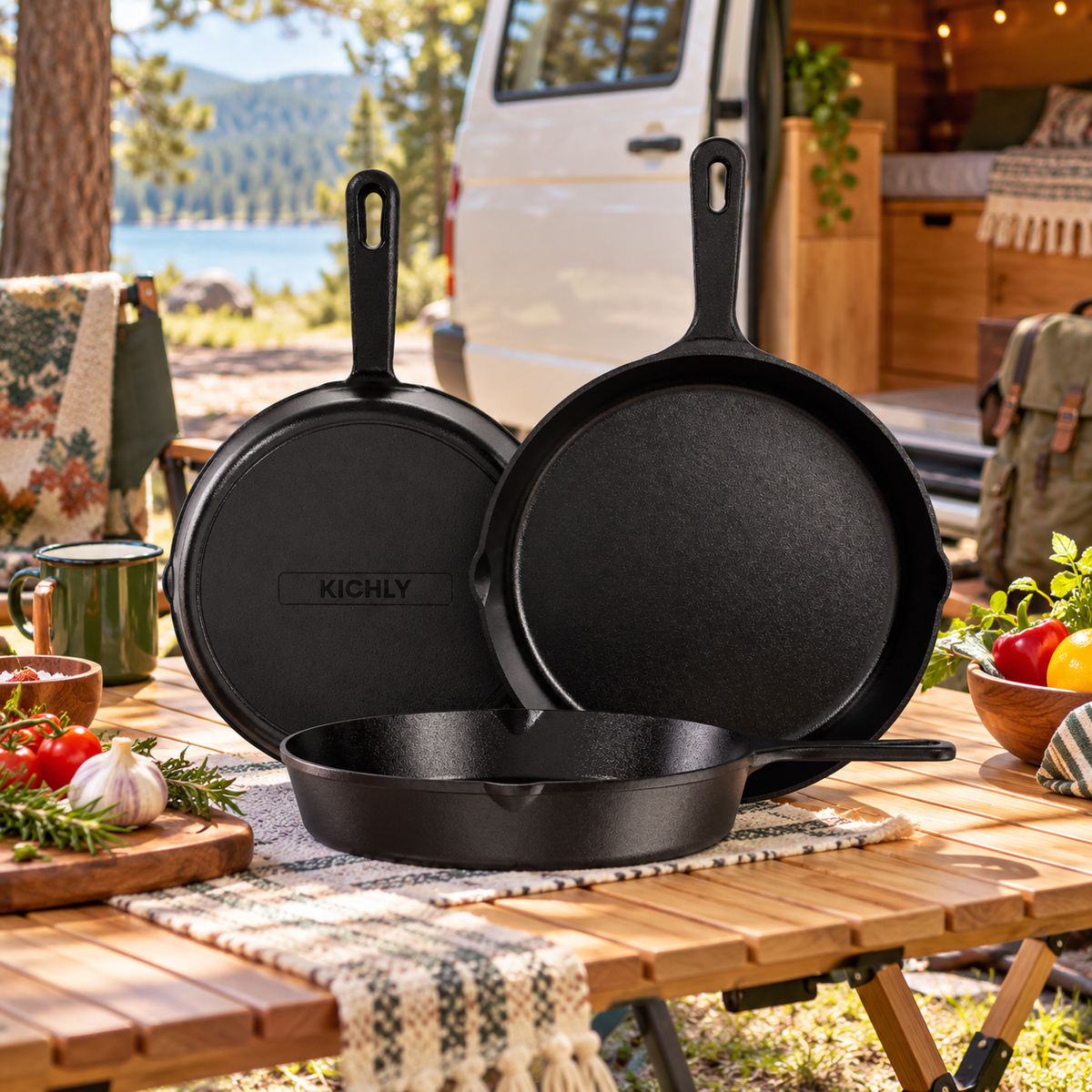 Cast Iron Skillet Set in a van-life setting