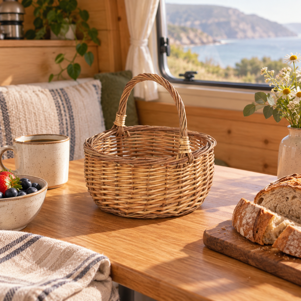 Mini Wicker Basket in a van-life setting
