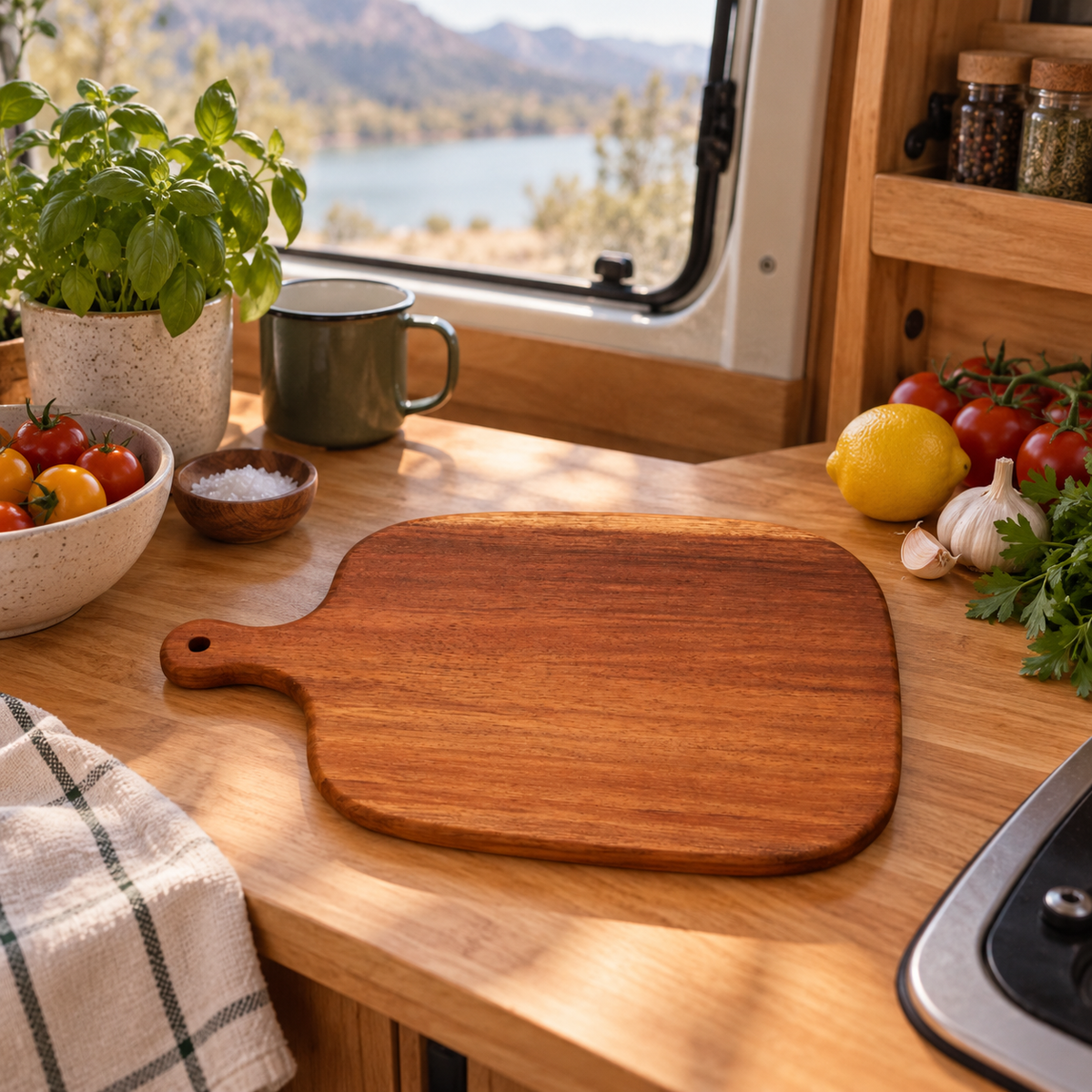 Acacia Chopping Board in a van-life setting