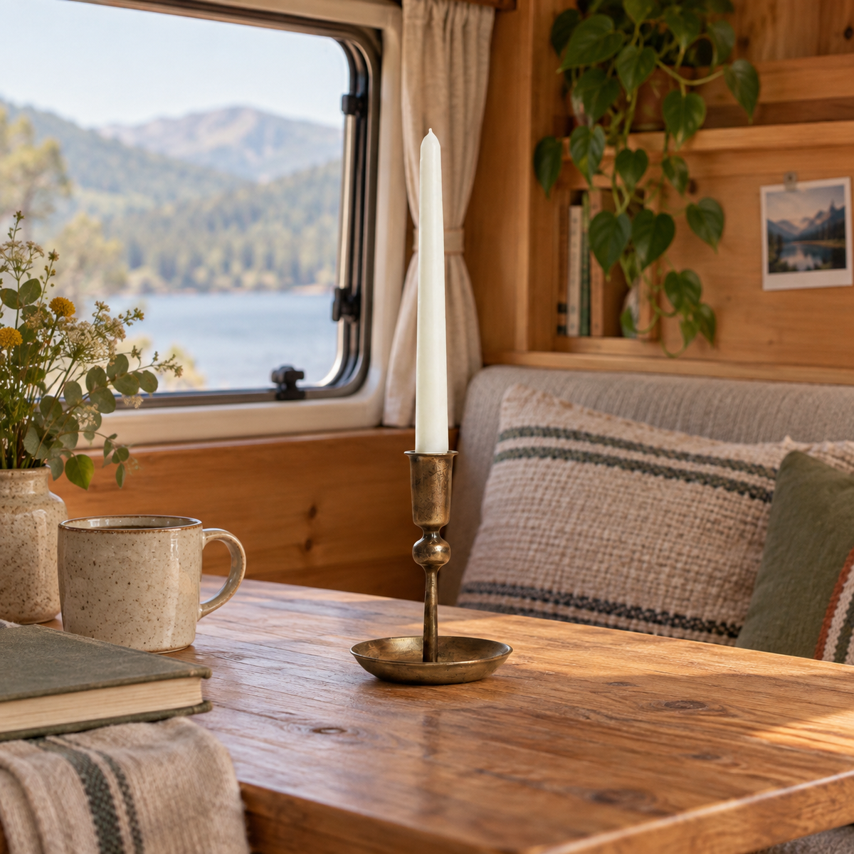 Rustic Candle Holder in a van-life setting