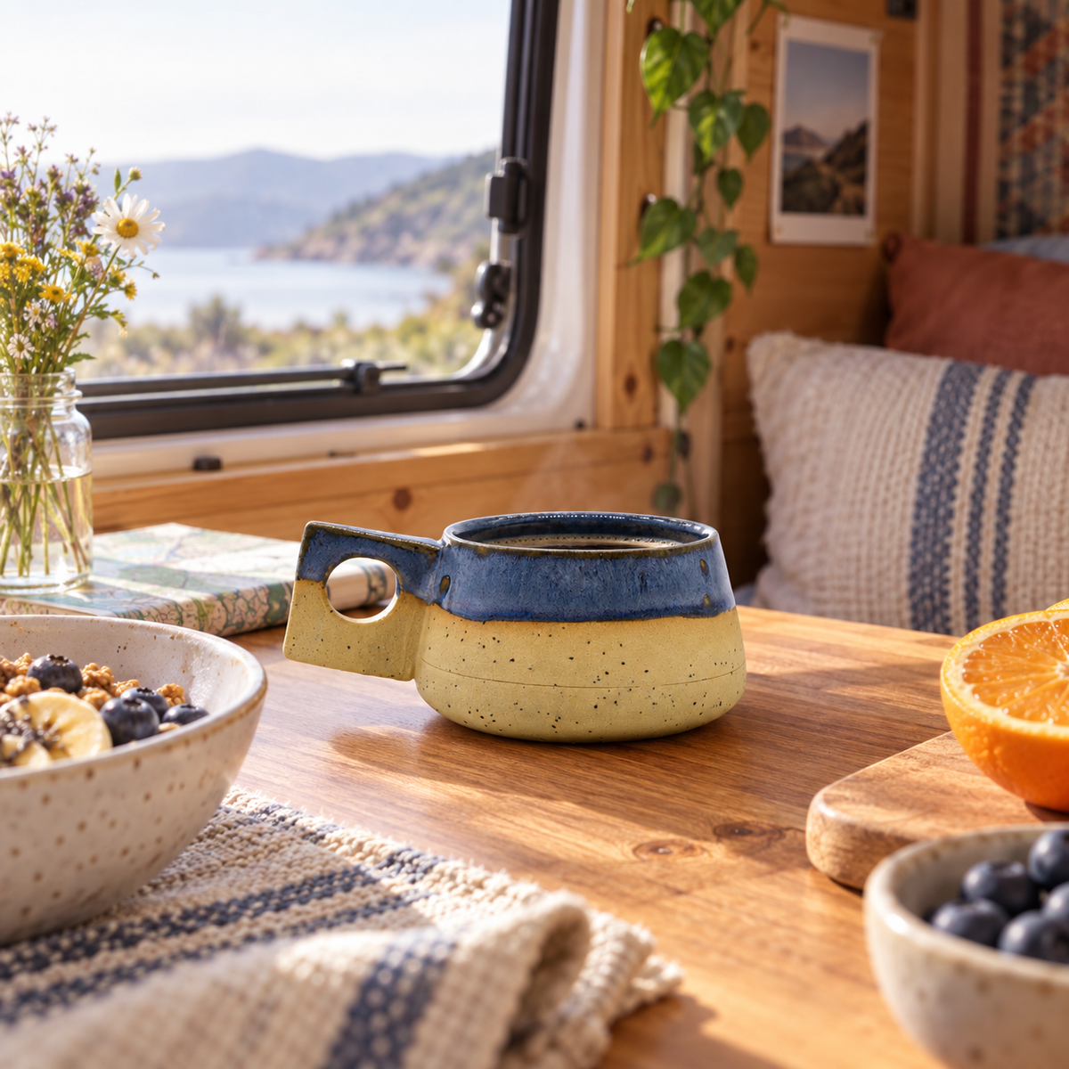 TerraBlu Stoneware Mug in a van-life setting