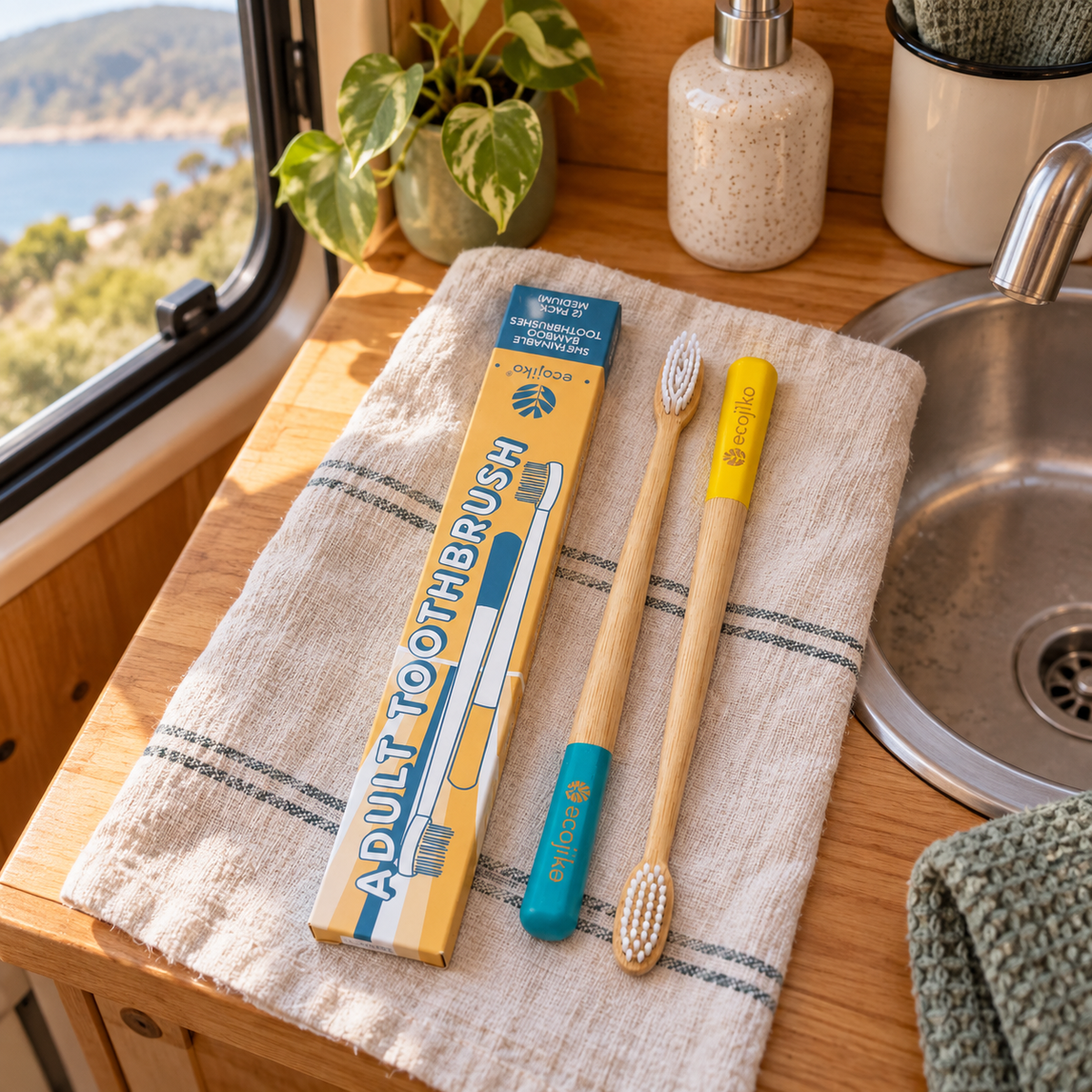 Bamboo Toothbrush Set in a van-life setting
