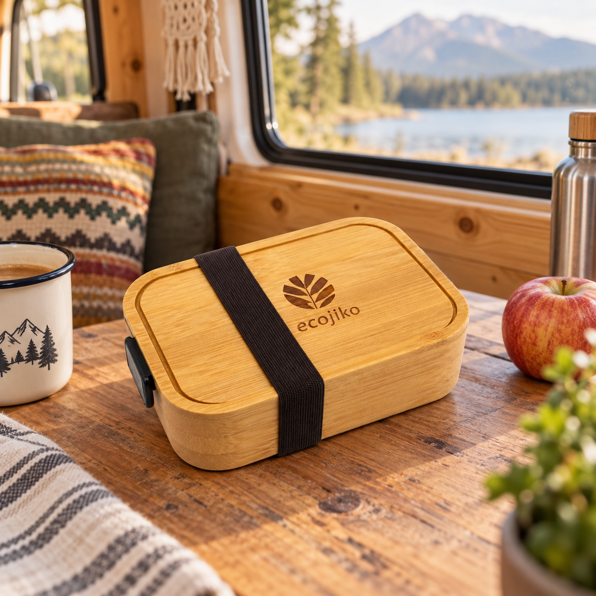 Bamboo Lunch Box in a van-life setting