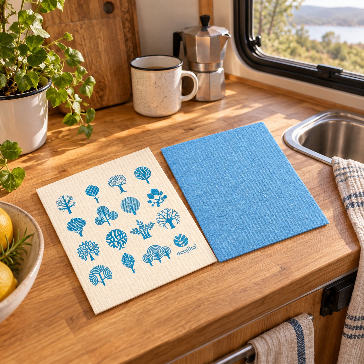 Swedish Eco Dish Cloths in a van-life setting