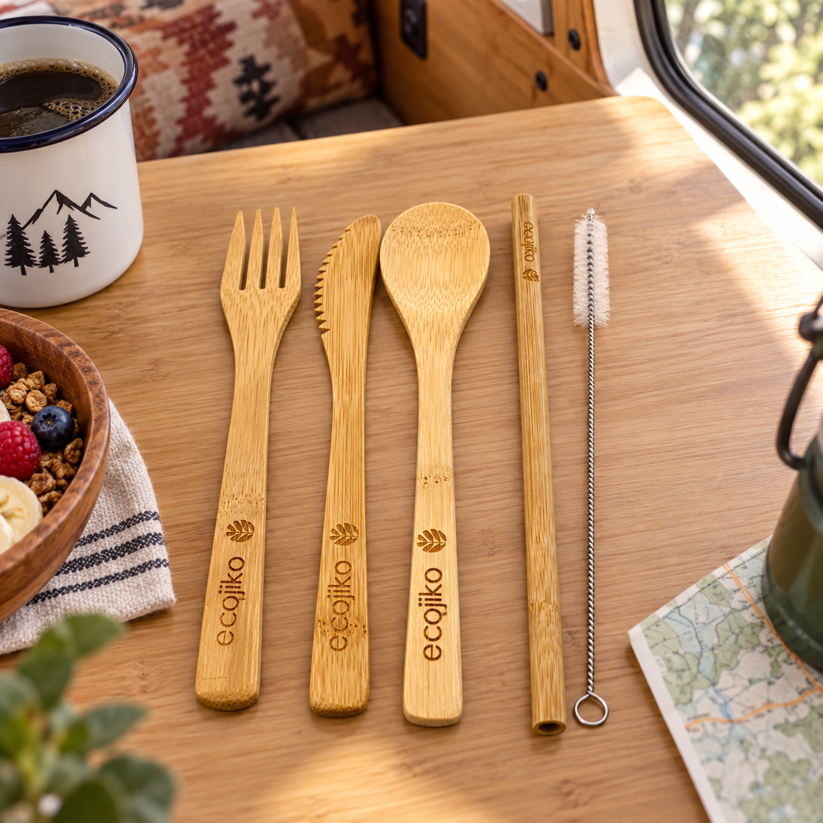 Reusable Bamboo Cutlery Set in a van-life setting