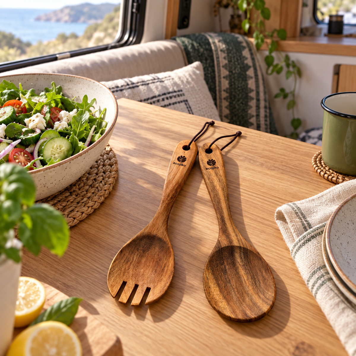 Acacia Salad Servers in a van-life setting