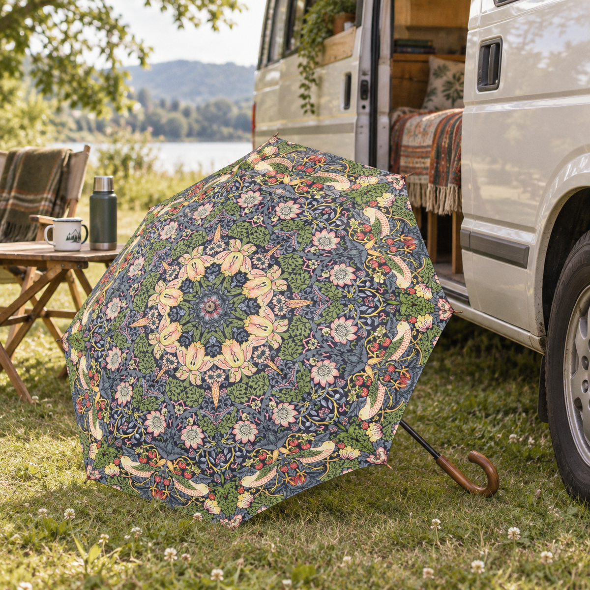 William Morris Umbrella in a van-life setting