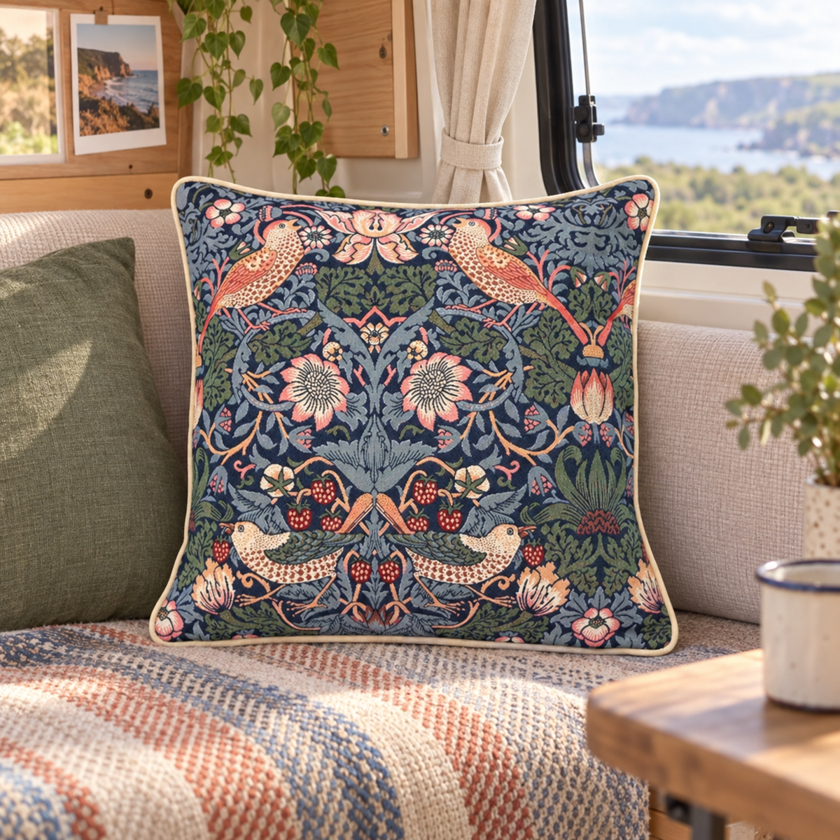 Blue Strawberry Thief Cushion in a van-life setting