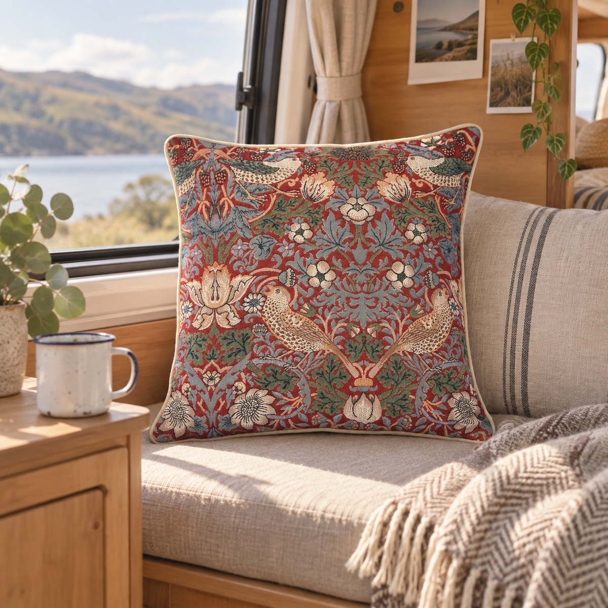 Red Strawberry Thief Cushion in a van-life setting
