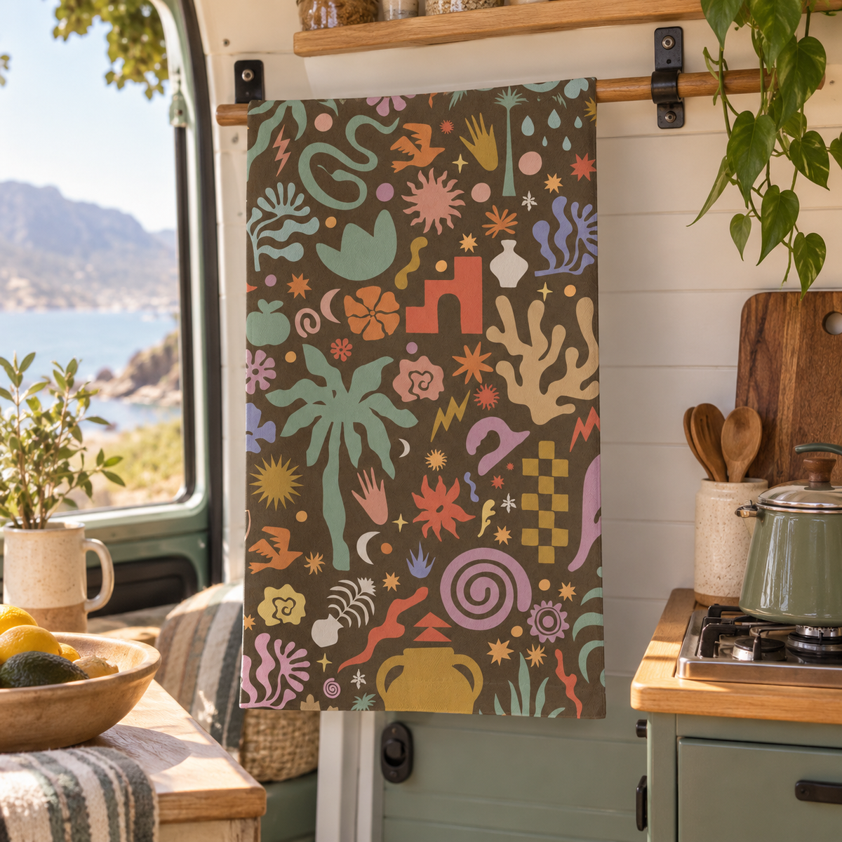 Boho Kitchen Towel in a van-life setting