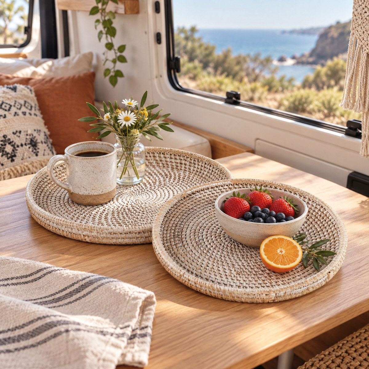Whitewashed Rattan Tray in a van-life setting