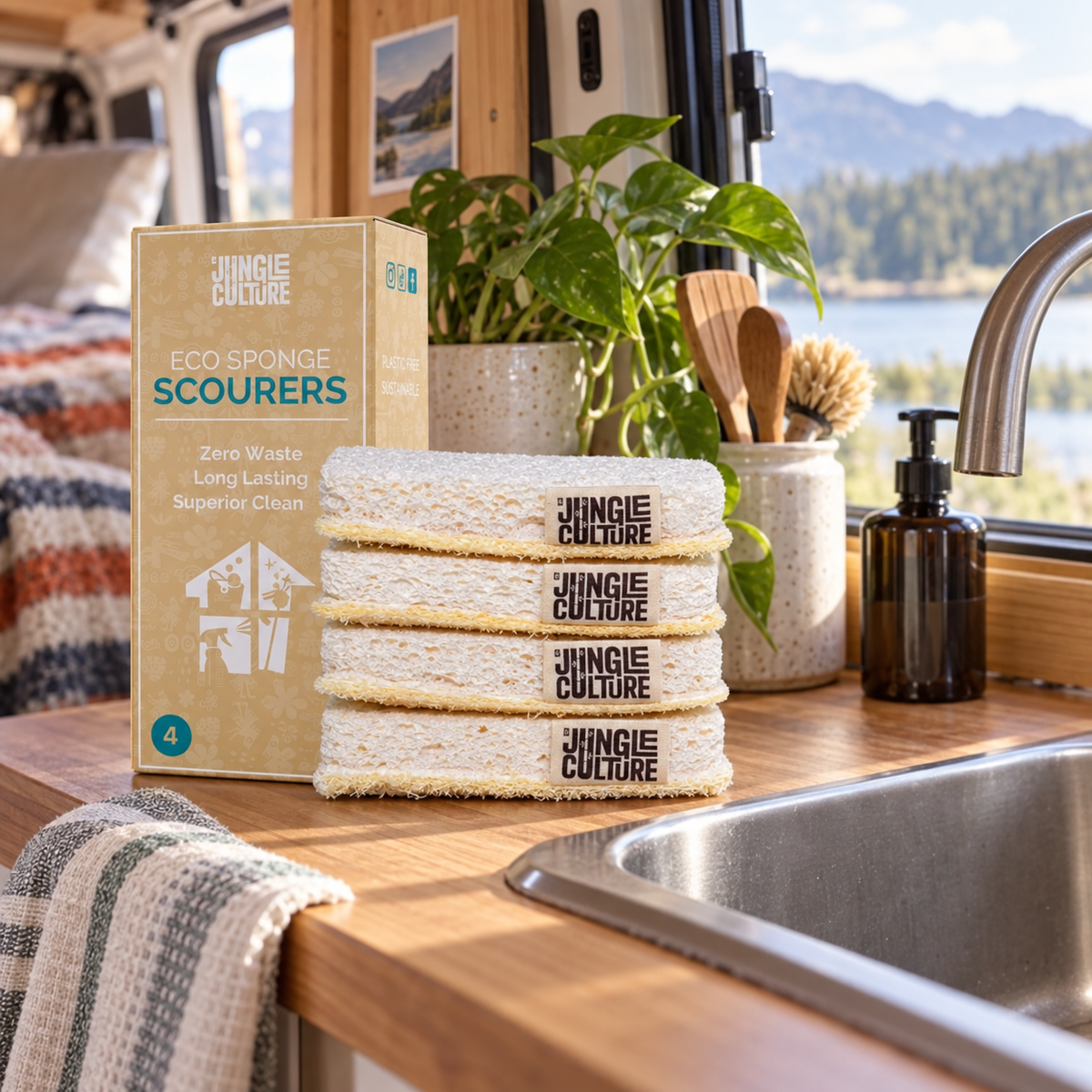 Eco Dish Sponges, Four Pack in a van-life setting