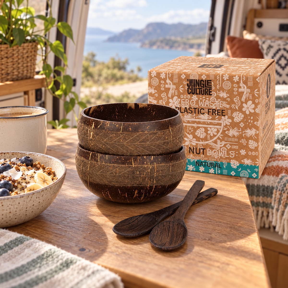 Coconut Bowl Duo Set in a van-life setting