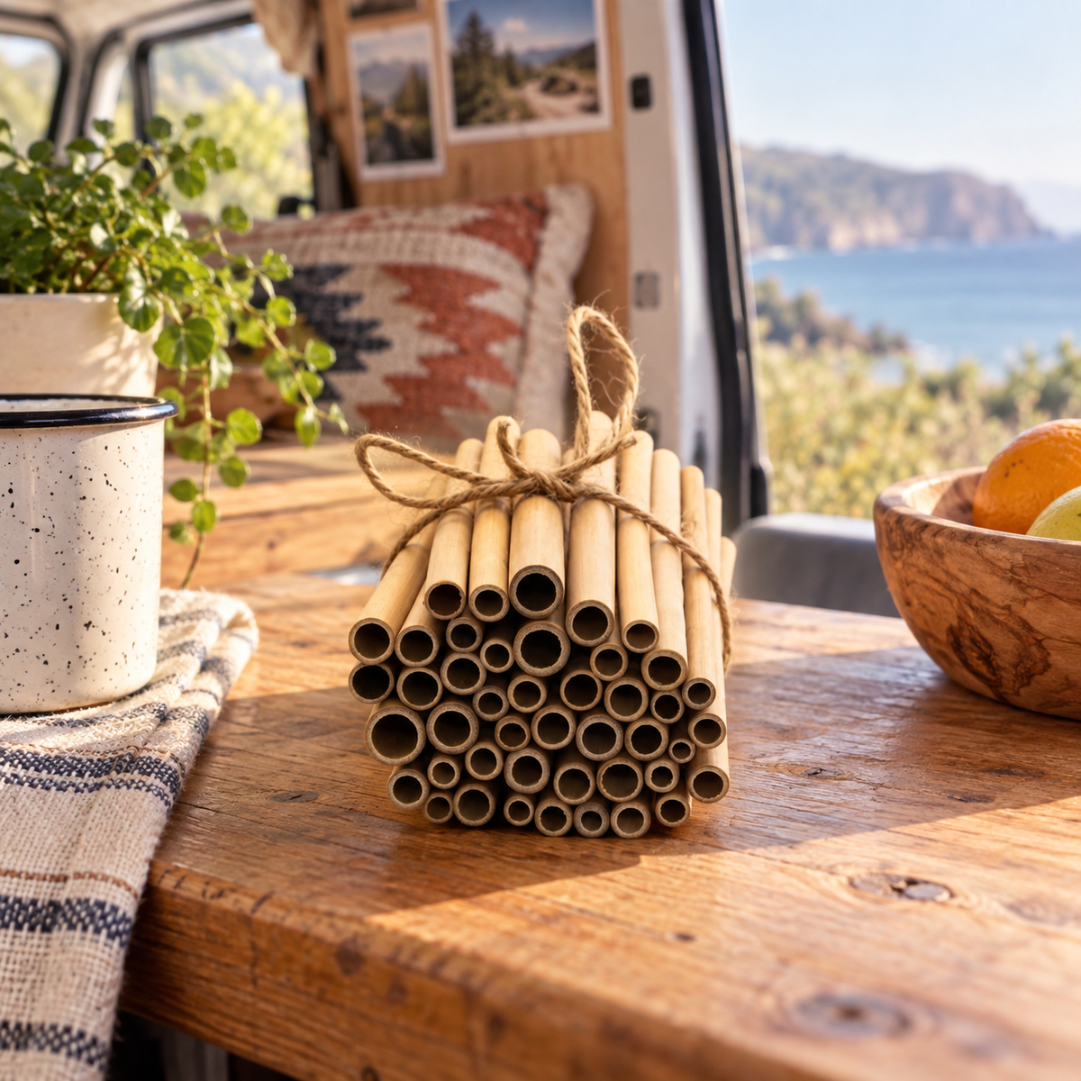 Reusable Bamboo Straws in a van-life setting
