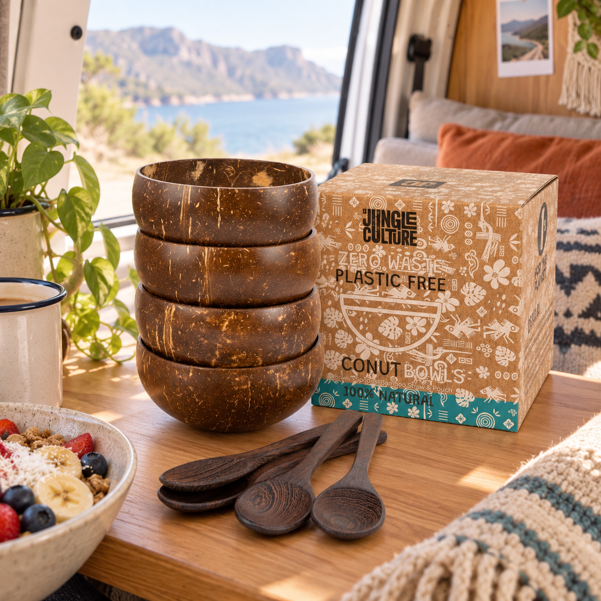 Four-Person Coconut Bowl Set in a van-life setting